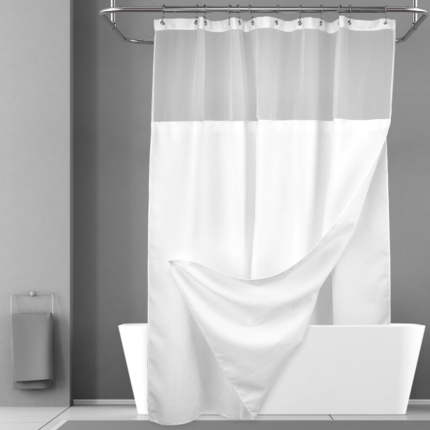 N&Y HOME Extra Long Waffle Weave Shower Curtain with Snap-in Fabric Liner Set, 12 White Hooks Included - 71" x 84", Hotel Style & Mesh Top, Machine
