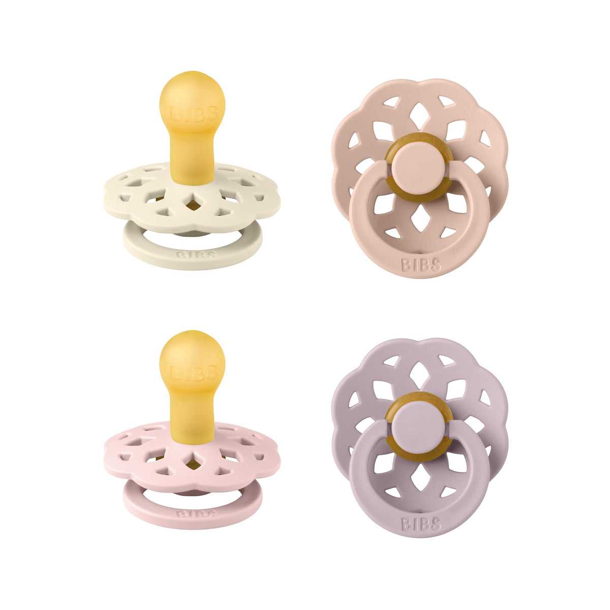 BIBS Boheme Soother 4-Pack. BPA Free Dummy Pacifier, Round Nipple. Natural Rubber Latex, Made in Denmark, Size 1 (0-6 Months), Dusky Lilac Mix