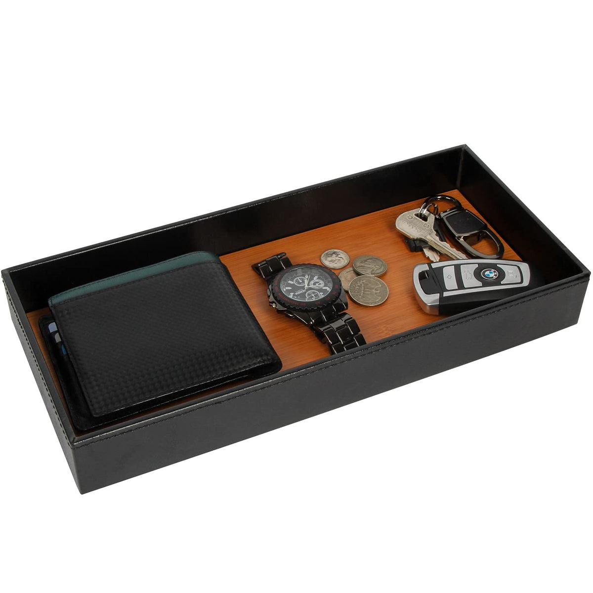 JackCubeDesign Leather Bamboo Valet Tray Storage Tray Cosmetic Stationery Organiser Catch-All for Keys, Phone, Wallet, Coin, Jewellery and More(Black,