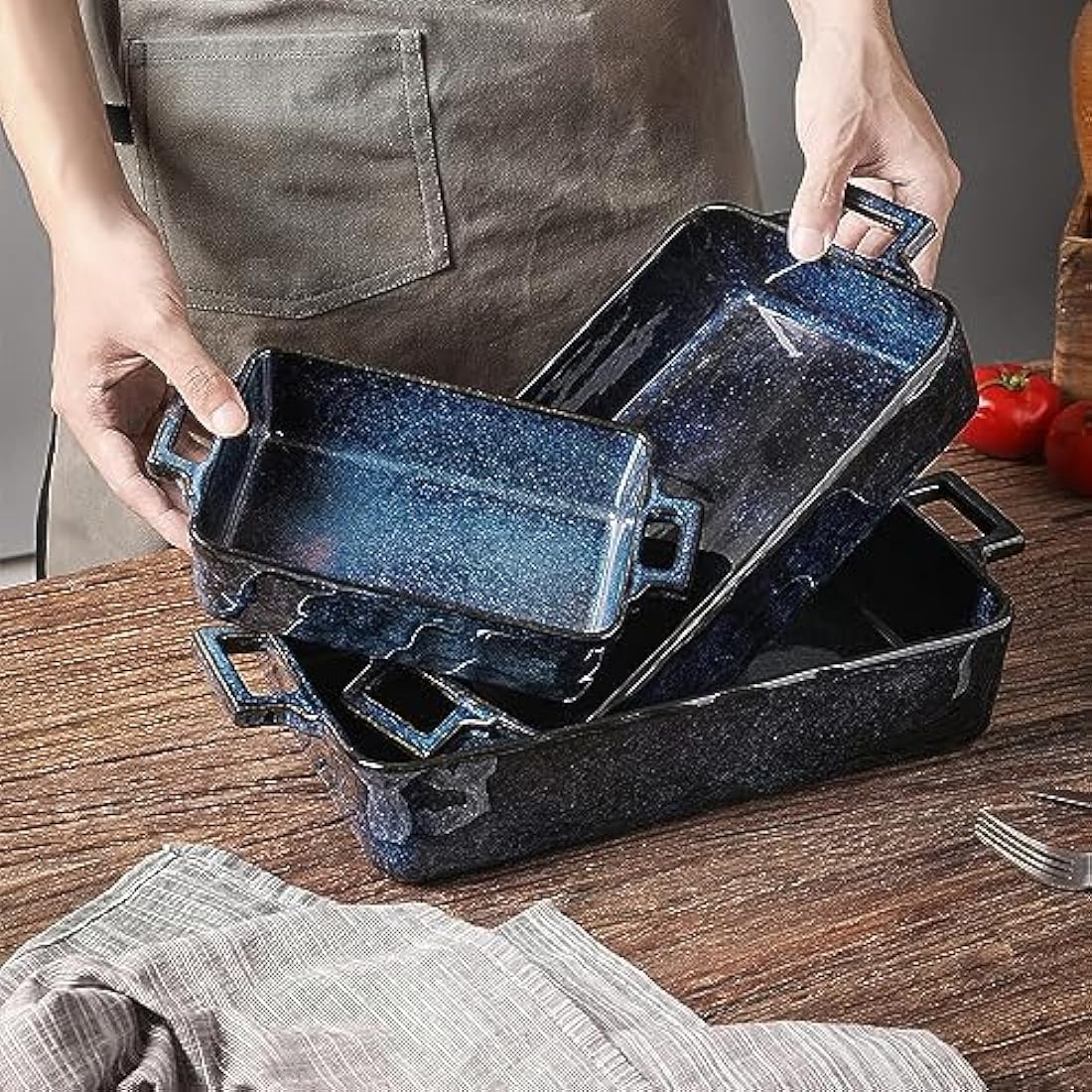 VICRAYS Ceramic Bakeware Set, Porcelain Rectangular Baking Dish, Baking Pan Lasagna Pans Casserole Dish Set for Cooking, Kitchen, Cake Dinner, Banquet and Daily Use, 3 PCS, 15 x 8.5 Inches(Blue)