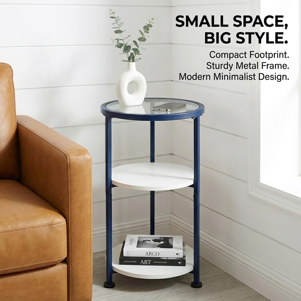 ZEXVIDA 3-Tier Round Side Table with Tempered Glass Top, Navy Blue
