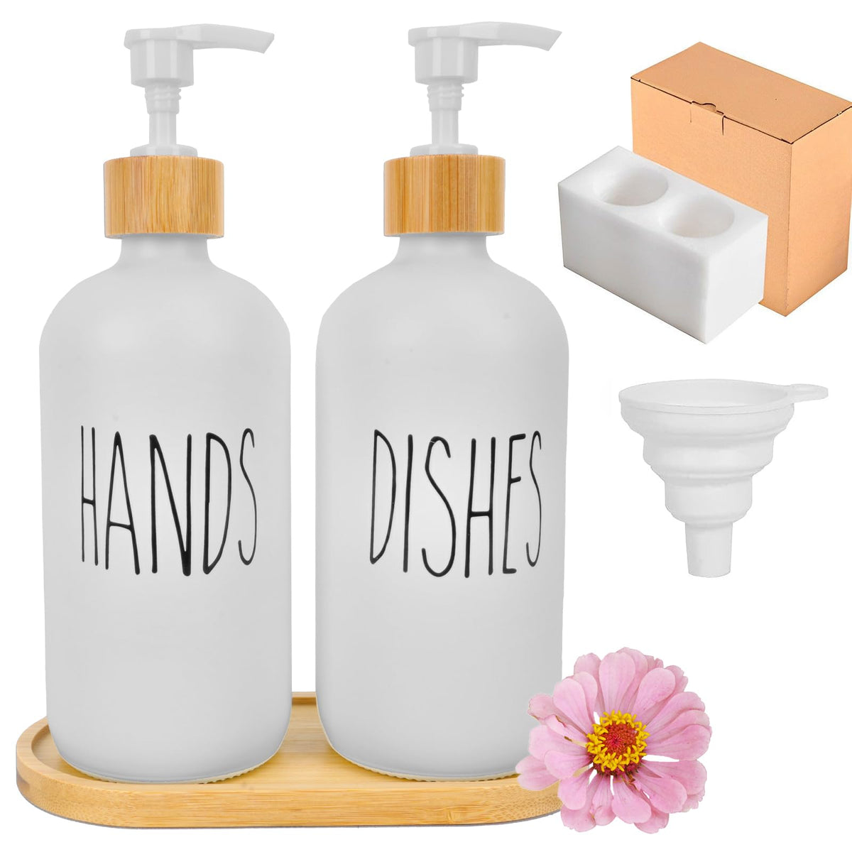 Luabue 2Pcs Soap Dispenser Kitchen Hand & Dish Wash Dispenser Washing Up Liquid Dispenser White Glass Soap Dispenser 500ml with Bamboo Pump &Tray for