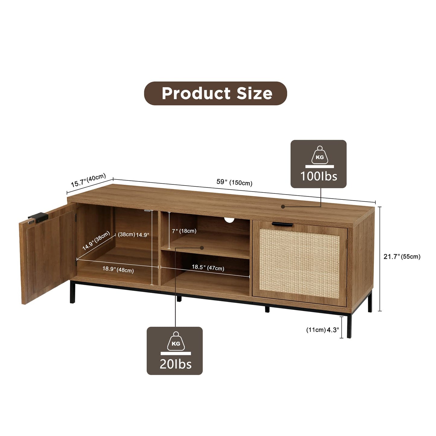 Yvsevnr TV Stand Cabinet TVs up to 65 Inches Wooden TV Console Unit with 2 Rattan Doors & Adjustable Shelves, Length 150 cm, Rustic