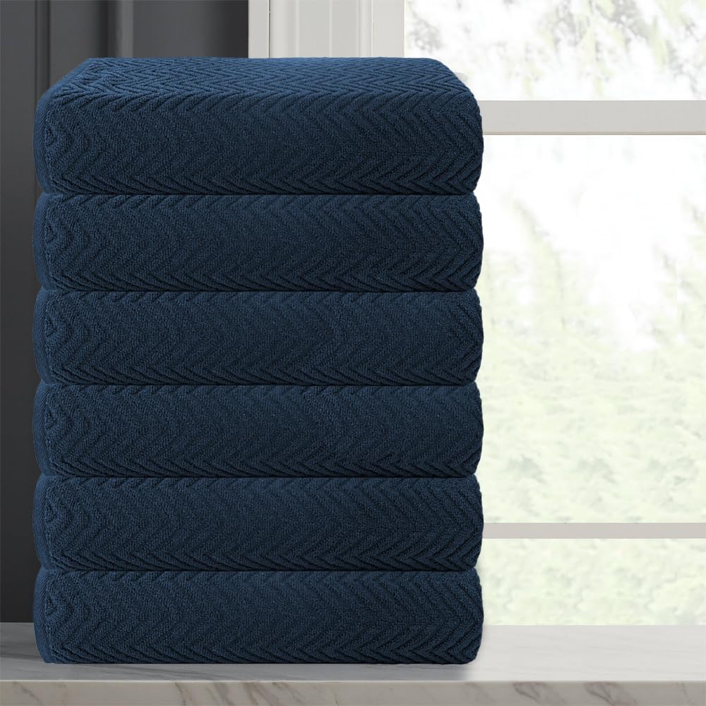 CASA COPENHAGEN Wave Textured 6-Piece Small Bath Towel Set - Navy Blue, 550 gsm, 6-piece small bath towels, durable cotton towels for everyday use