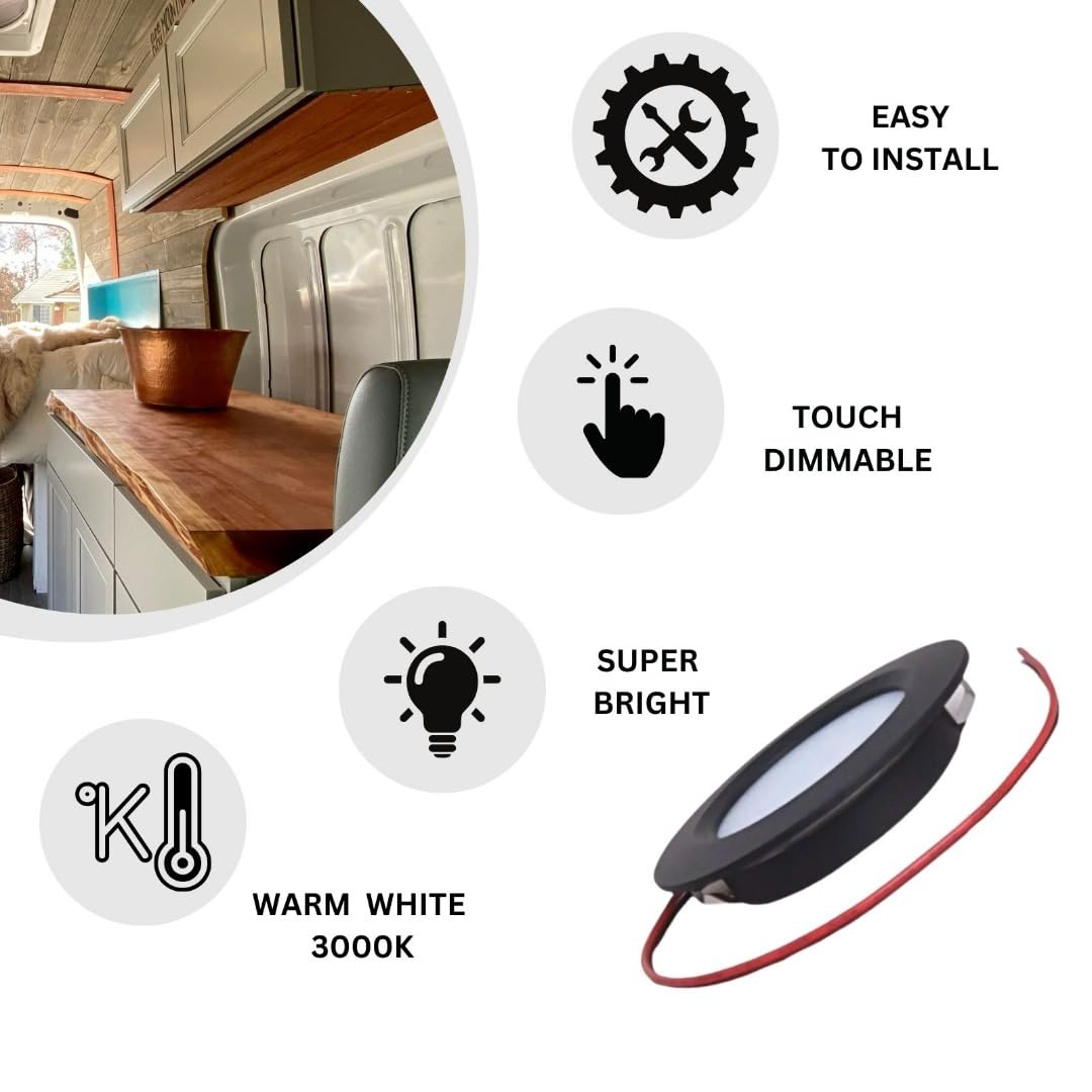 MARVIX 4 x LED 12V Spot Lights Touch Controlled ON/OFF Switch Dimmable Caravan Motorhome Boat Black Downlights Warm White 3000k