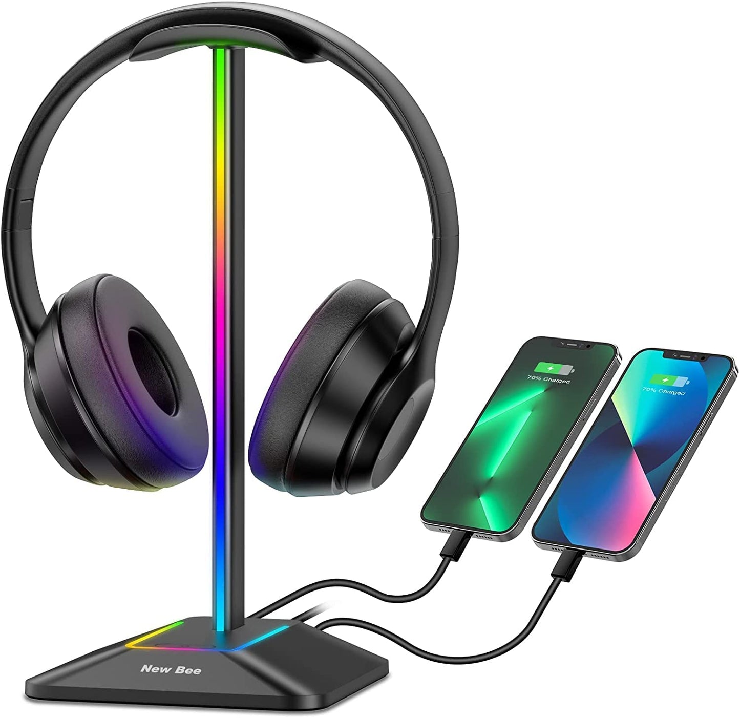 New bee Headphone Stand RGB Headset Holder with 1 USB-C Charging Port and 1 USB Charging Port, Headset Stand Gaming with 7 Light Modes Suitable for
