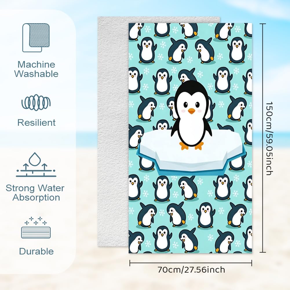 VorPrillynt Penguin Towel Beach Swimming Towels Penguin Bath Towel Microfibre Towels Lightweight Compact and Quick Drying Travel Summer Wash Cloth