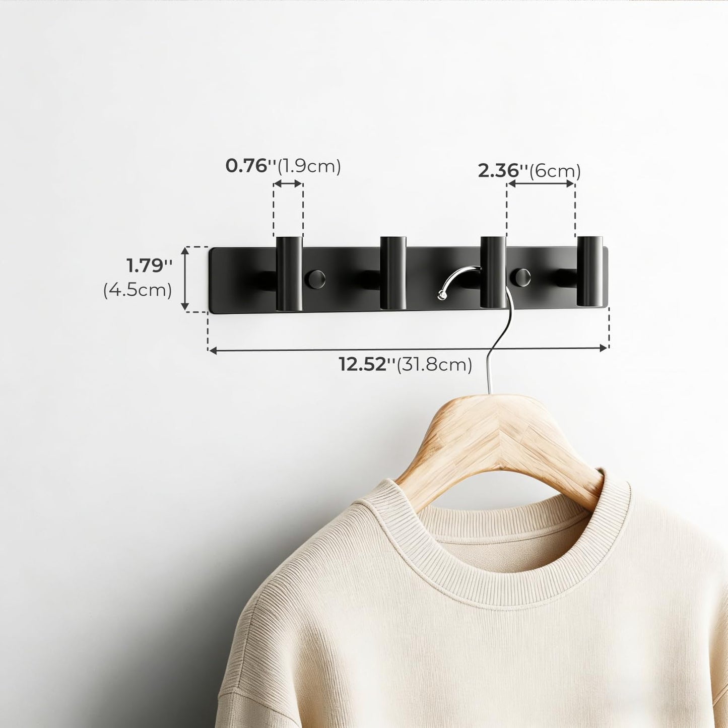 Black Wall Mounted Coat Rack – 4 T-Shaped Hooks on 12.6" Metal Rail (1 Pcs)