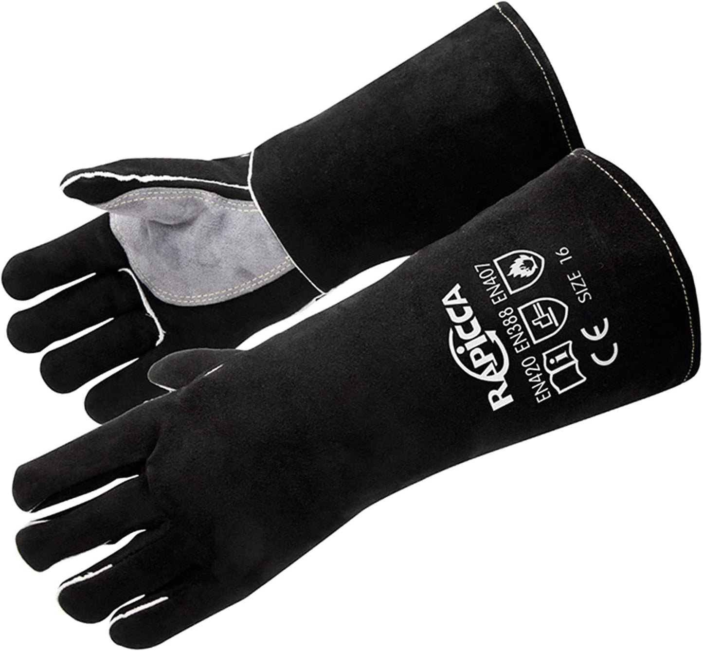 RAPICCA Welding Gloves Fire Heat Resistant: Black 14IN - Fireproof Leather For Stick Mig Flux-Core Welder Forge Blacksmith Fireplace Wood Stove Fire