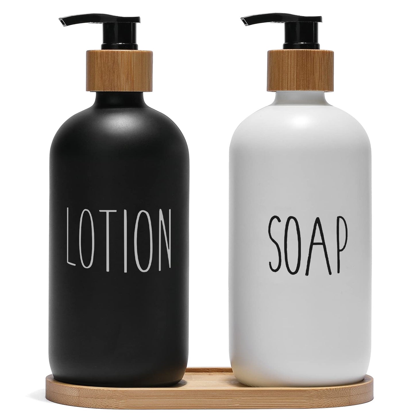 FEILANDUO Glass Soap Dispenser Set, Kitchen & Bathroom Dispenser with Bamboo Pump and Soap Tray, Farmhouse Home Decor (Black + White)