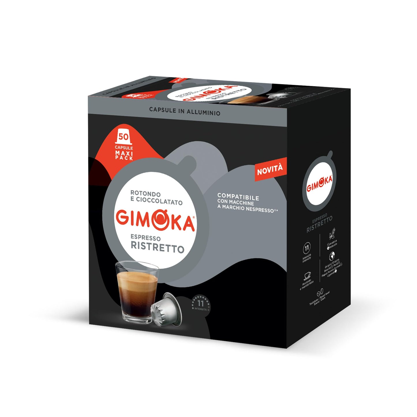 Gimoka - Espresso Ristretto Blend, Intensity 11/13, 50 Aluminium Capsules, Compatible with Nespresso Coffee Machine, Round and Chocolate Flavour with