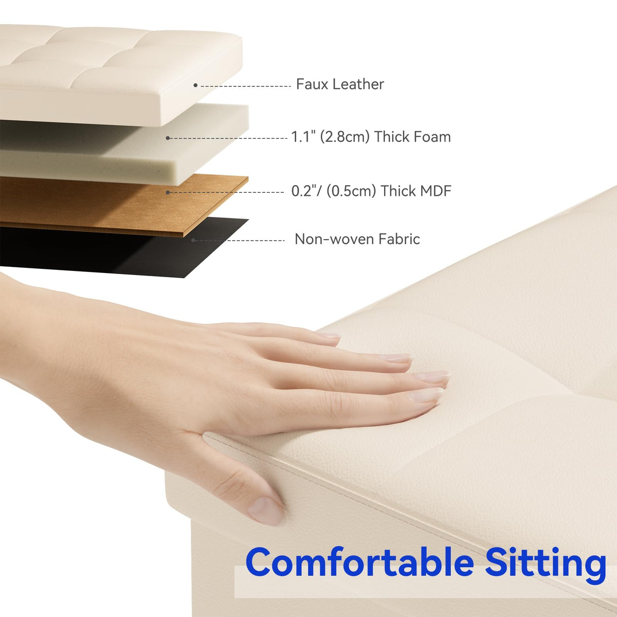BRIAN & DANY Folding Storage Ottoman, Faux Leather Cube Foot Stool with Storage, Ottoman Box with Highly Elastic Sponge Filling, Beige