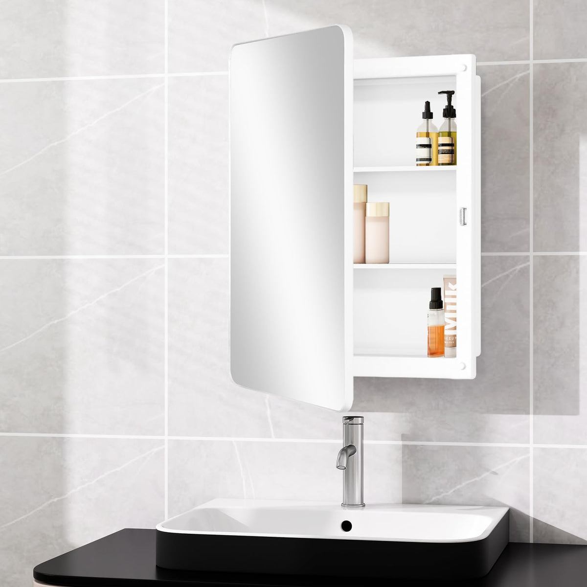 Fundin Plastic Mirror Cabinet with Round Corner Framed Door, Recessed and Surface Mount,White,40 x 61 cm
