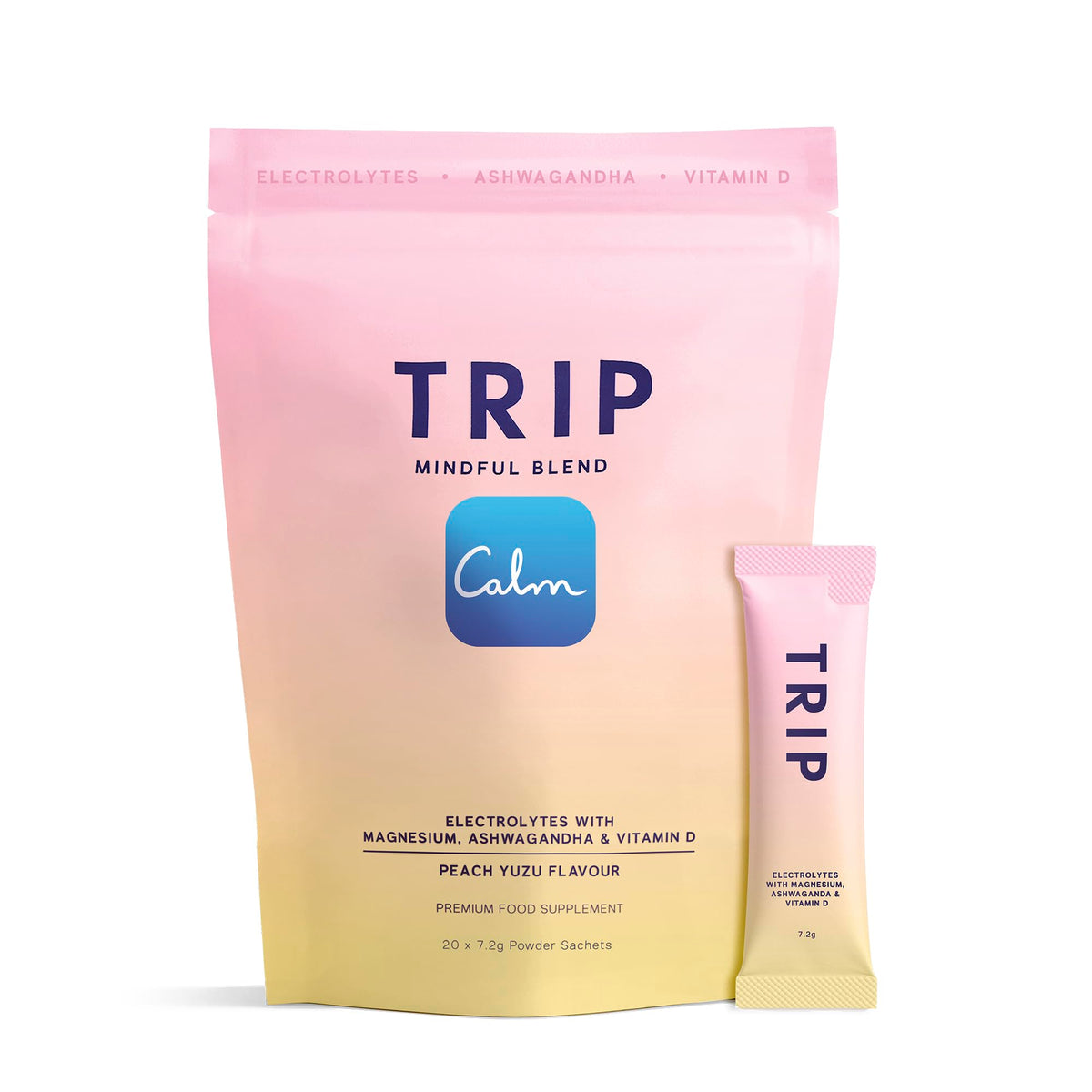 Trip Peach Yuzu Electrolyte Powder | Daily Hydration with Sodium, Magnesium, Vitamin D & More | Sugar Free + Vegan | Pack of 20 x 7.2 g sachets