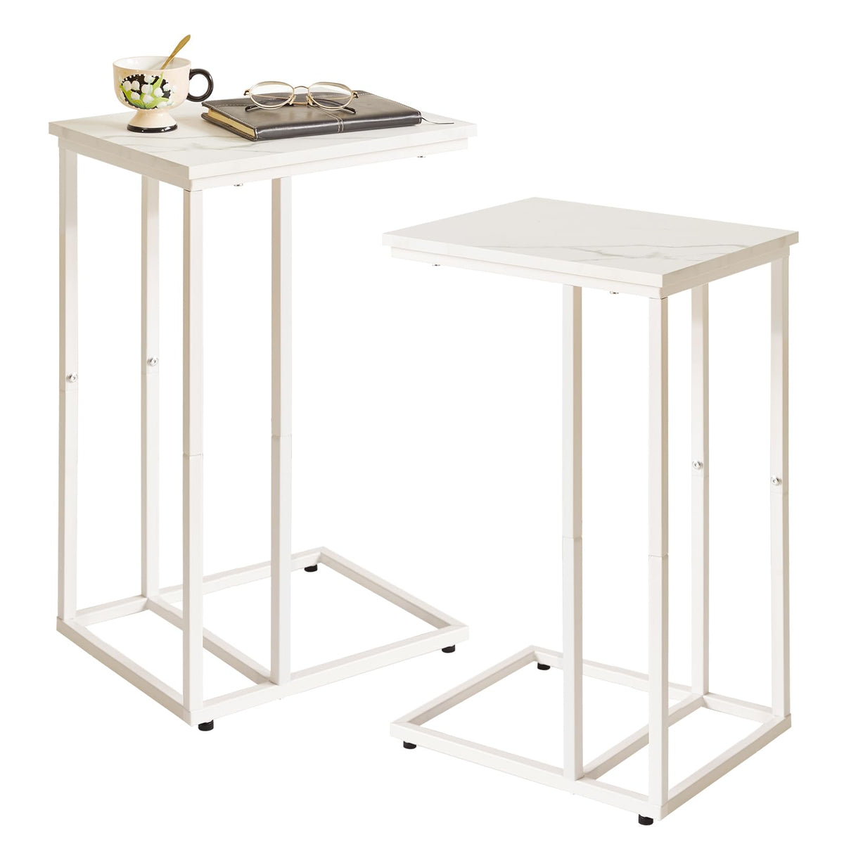 Aibiju Set of 2 Sofa Side Table,C Shaped End Table, Snack Coffee Laptop Desk with Metal Frame for Office, Living Room, Bedroom, White Faux Marble and