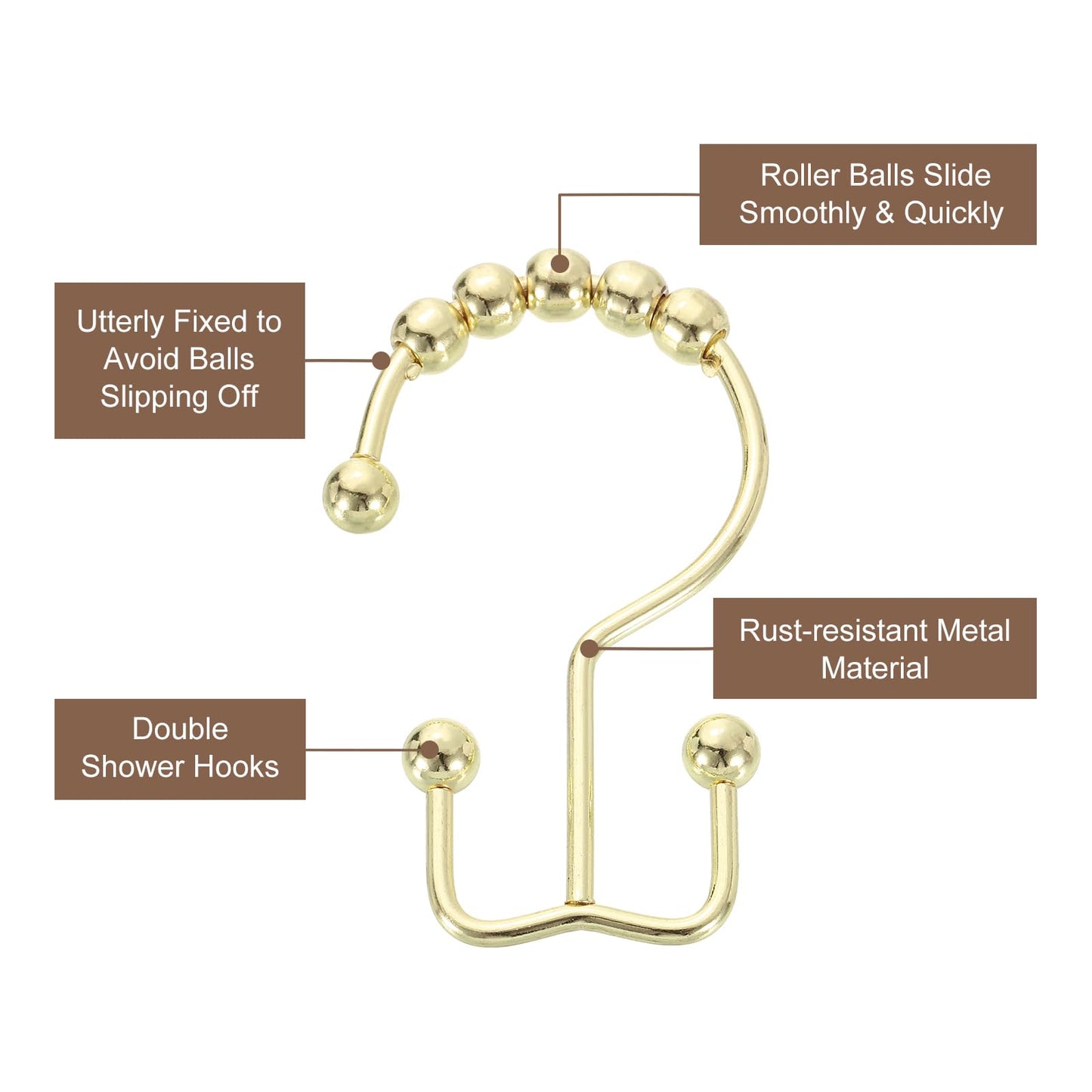 sourcing map 12Pcs Shower Curtain Hooks, Metal Double Glide Shower Rings, Curtain Rolling Shower Hooks for Rust-Resistant Sliding Smoothly, Gold