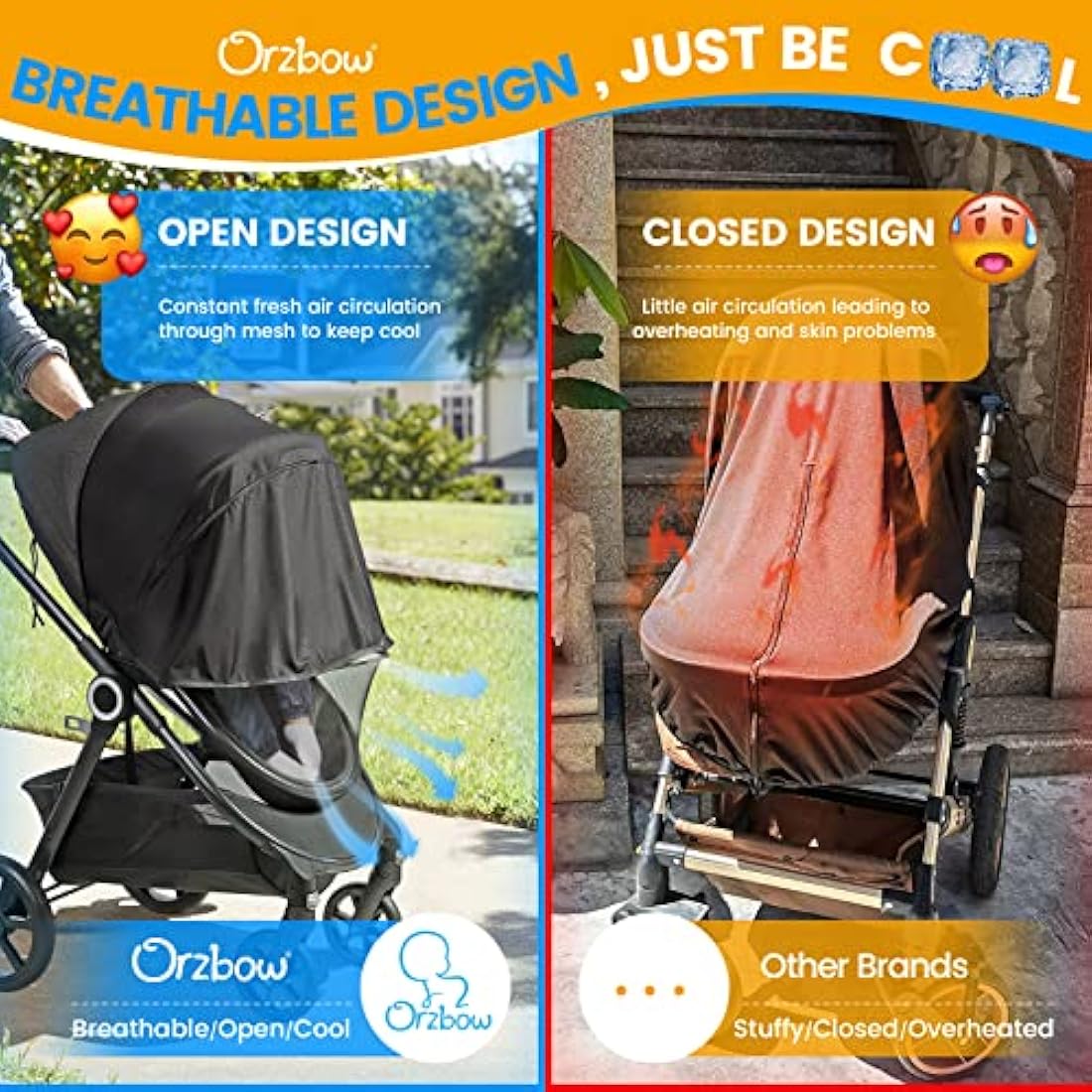 Orzbow Universal Mosquito Net for Pram, Breathable Pram Sun Shade w/UPF 50+, Pram Mosquito Net w/Blackout Cover, Two Way Zipper for Easy Access (Black)