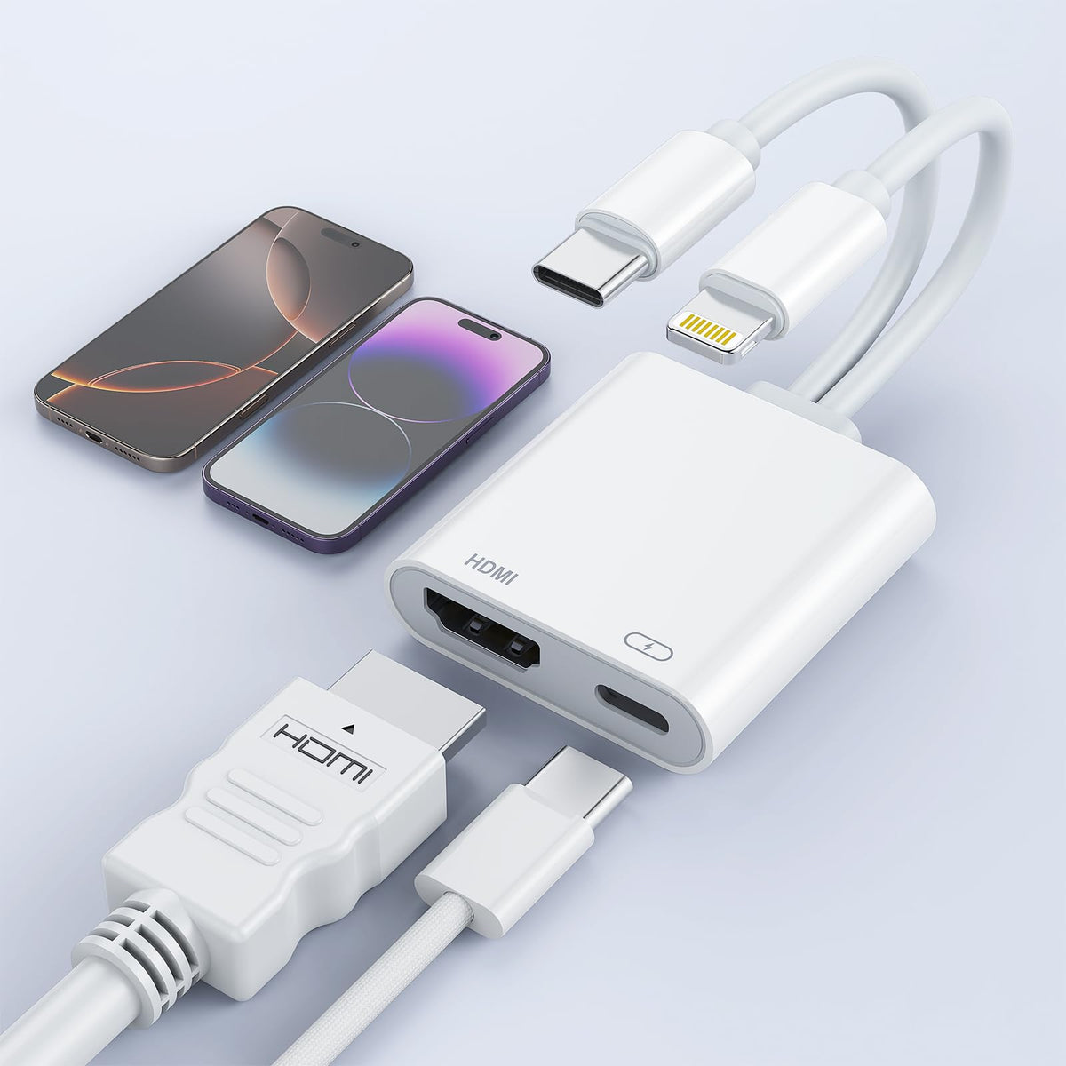 USB-C and Lightning to HDMI Adapter for iPhone ipad to TV [2025 New, MFi Certified], 2 in 1 4K@60 Hz Sync Screen Apple Lightning to Digital AV Adapter