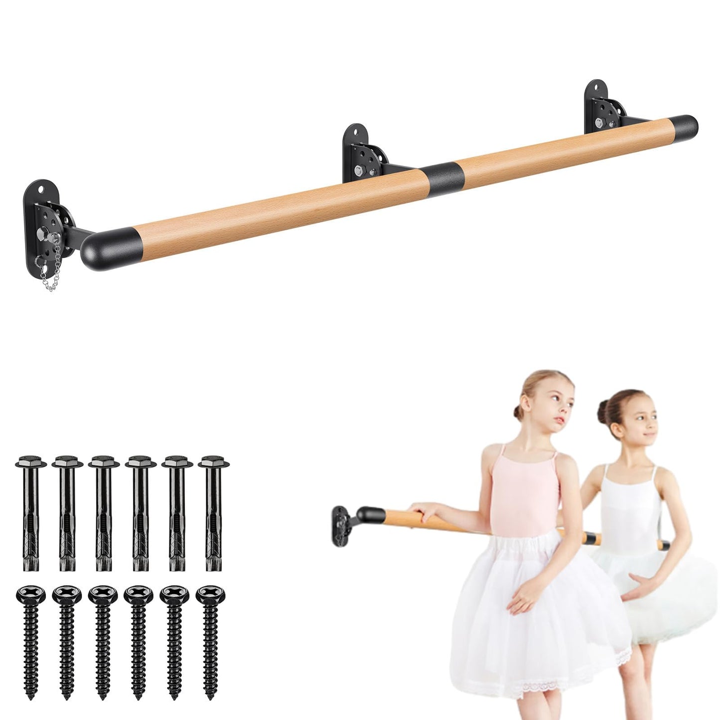 BeneLabel 170cm Ballet Barre, Adjustable Wooden Dance Stretching Bar Wall Mounted Home Barre Workout Equipment with Metal Support Bracket Holder for