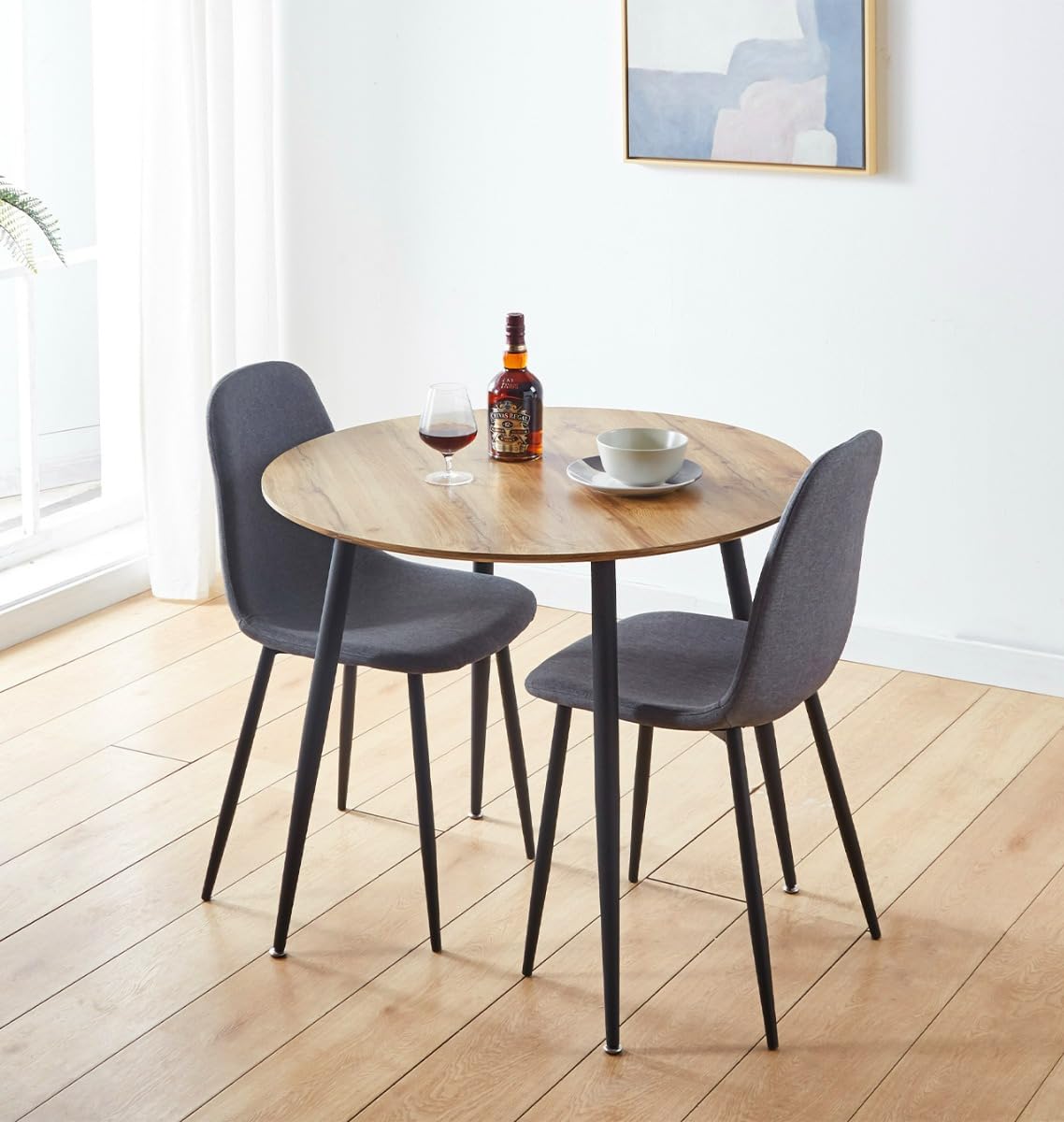 Hallowood Furniture Cullompton Small Dining Table and Chairs Set 2, Brown Oak Effect Top Kitchen Table and Chairs in Grey Fabric Upholstery and Metal