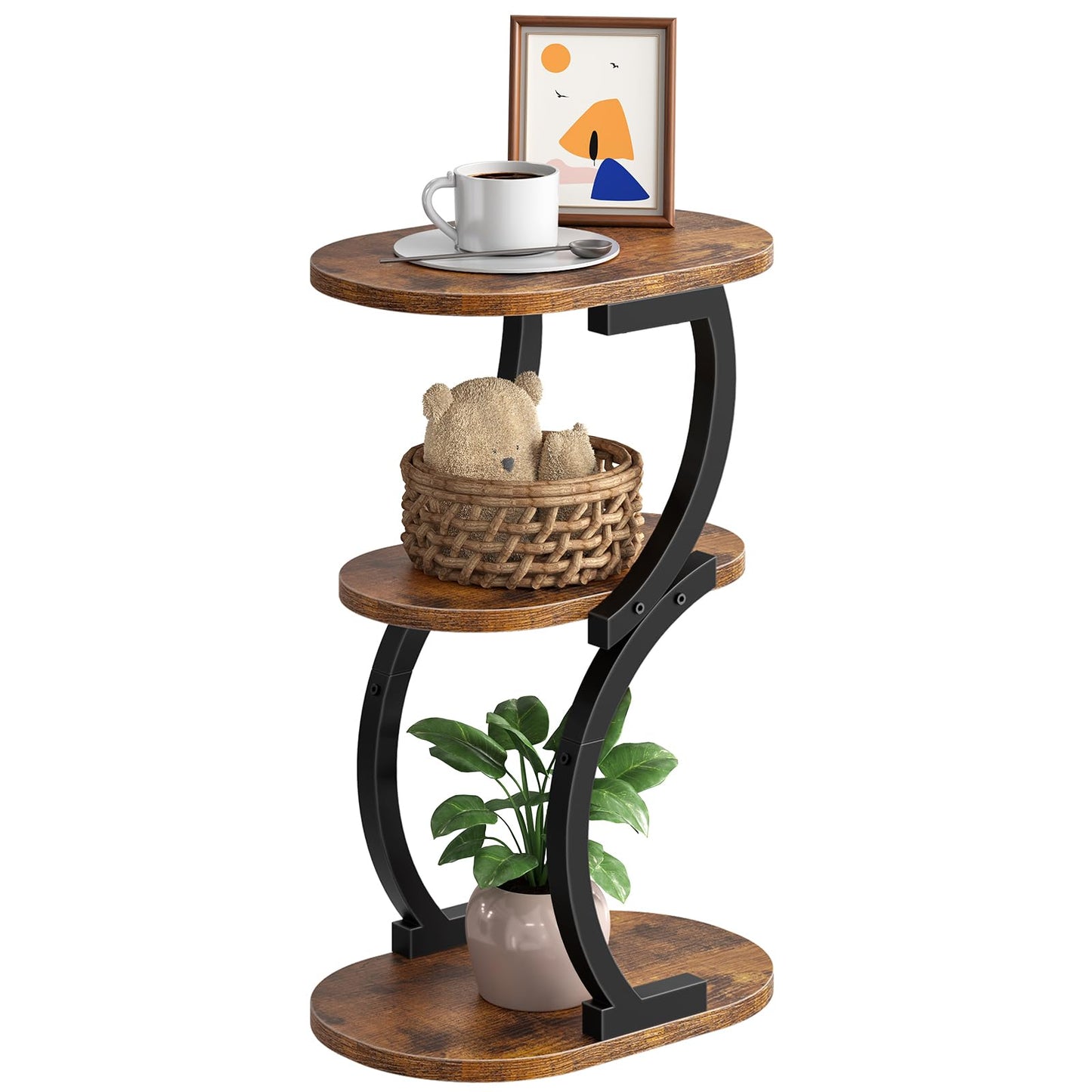 HOOBRO 3-Tier Side Table, Small Table with Storage Shelf, Oval Sofa Table for Small Space, Slim Bedside Table Round Corner Table for Living Room
