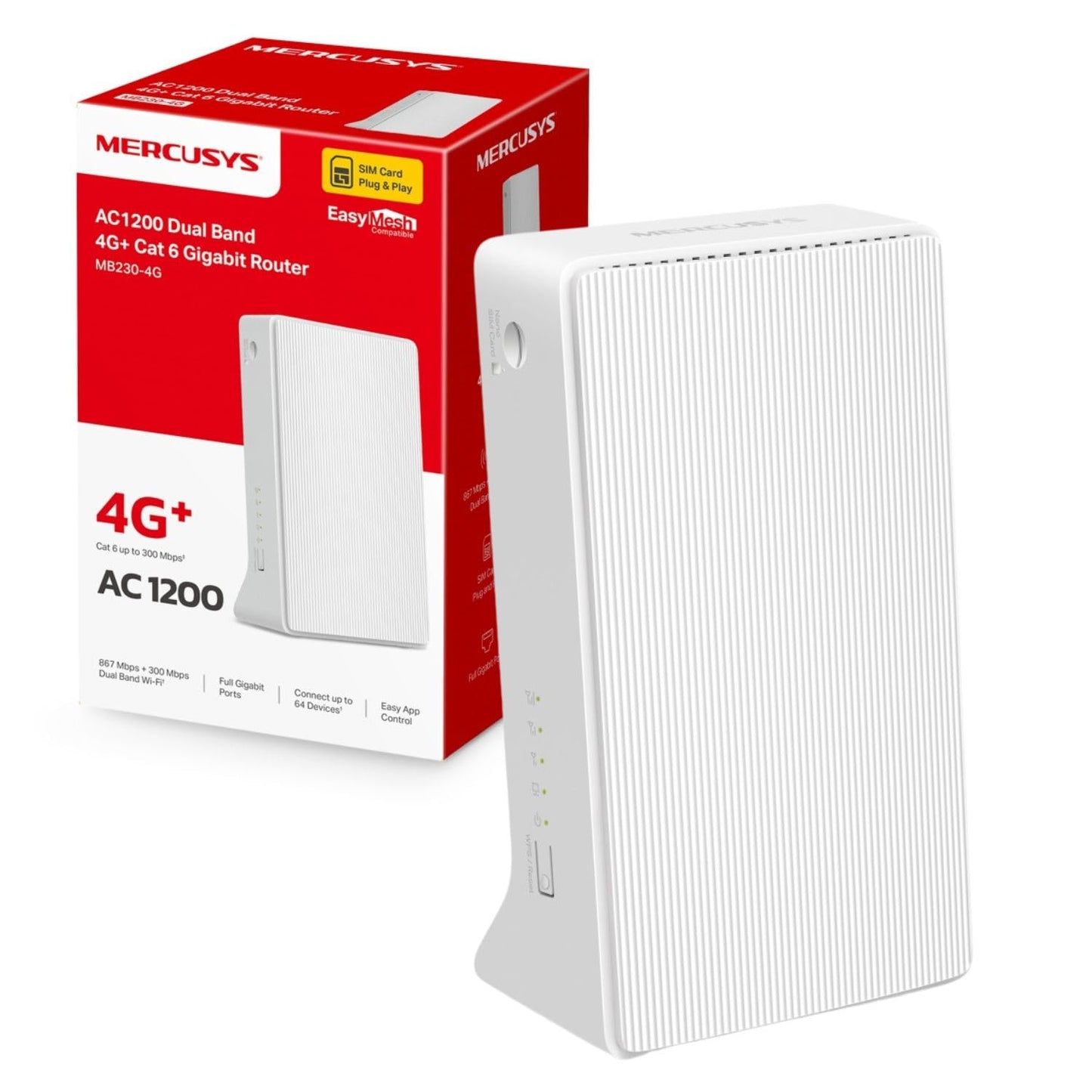MERCUSYS MB230-4G AC1200 WiFi 4G+ CAT6 WiFi Router, Sim Slot Unlocked, Dual Band 1200 Mbps Fast Speed, Gigabit Ethernet Port, Sim Card Router, Plug &