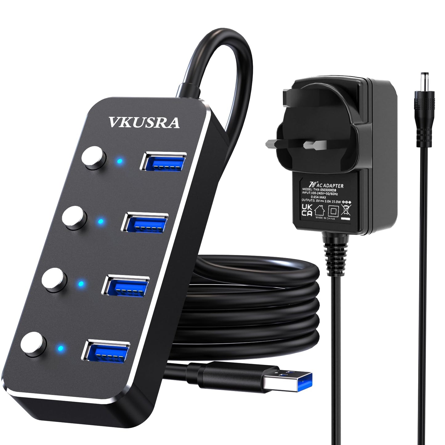 USB Hub 3.0 Powered, VKUSRA 4 Ports Ultra Slim USB Splitter with 5V/3A AC Power Supply Adapter, High-Speed Data Hub with 1.2m Extended Cable and
