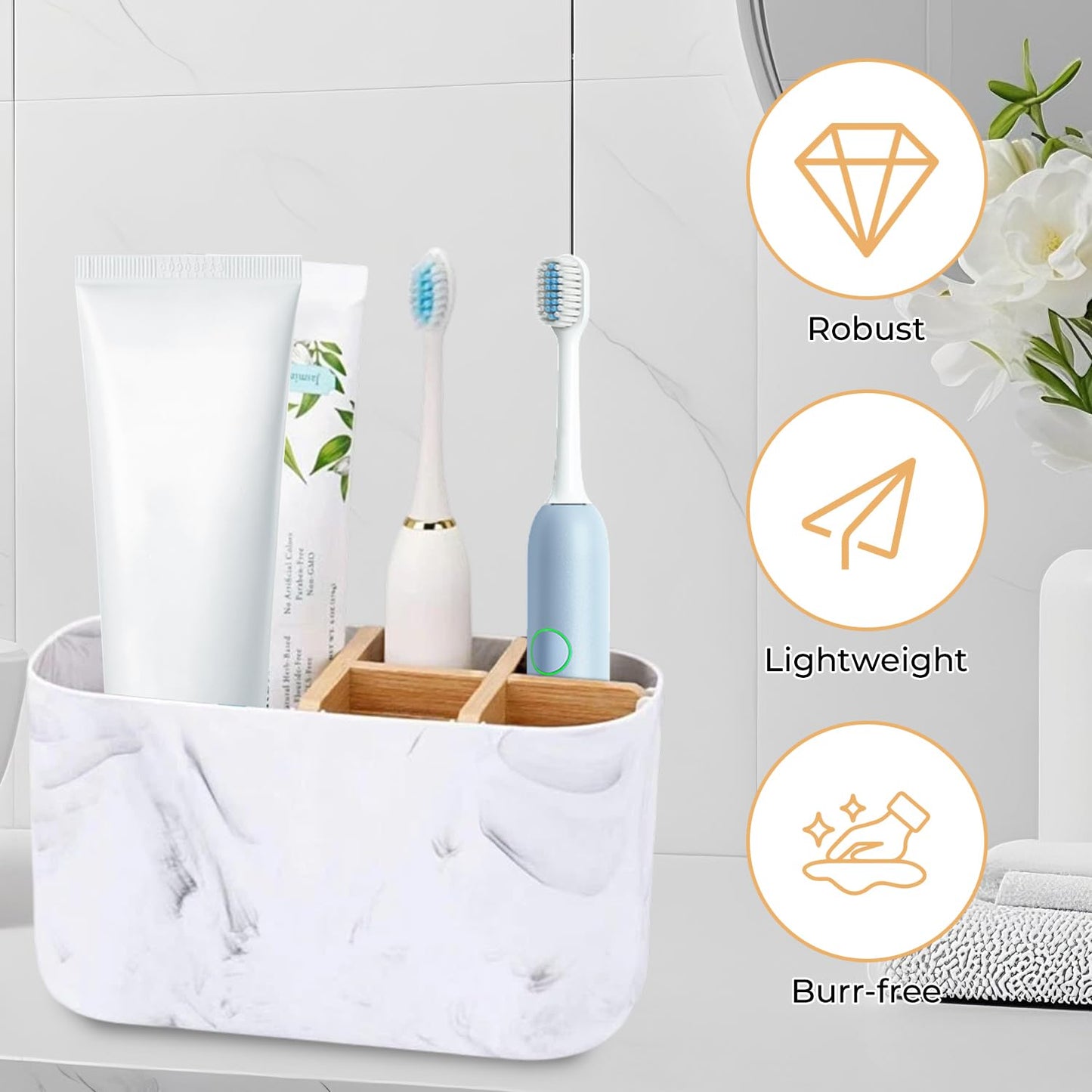 Toothbrush Holder, 5 Slots Electric Toothbrush Holder with Detachable Bamboo Divider, Countertop Toothpaste Storage Caddy for Family & Easy to Clean