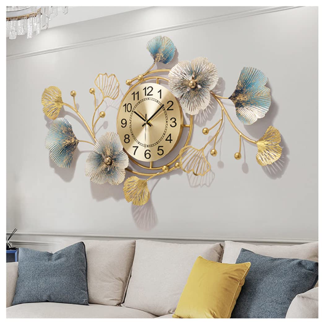 Large Silent Modern Decorative Wall Clock,Elegant Wrought Iron Wall Clocks Ginkgo Leaf Mute Wall Quartz Clock for Living Room Bedroom Hotel Porch (94