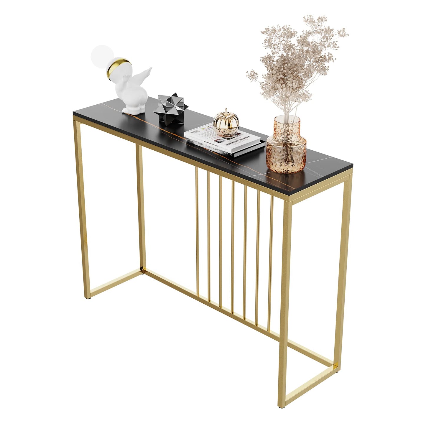 Fativo 100cm Long Hallway Console Table, Sintered Stone Black Marble Top
