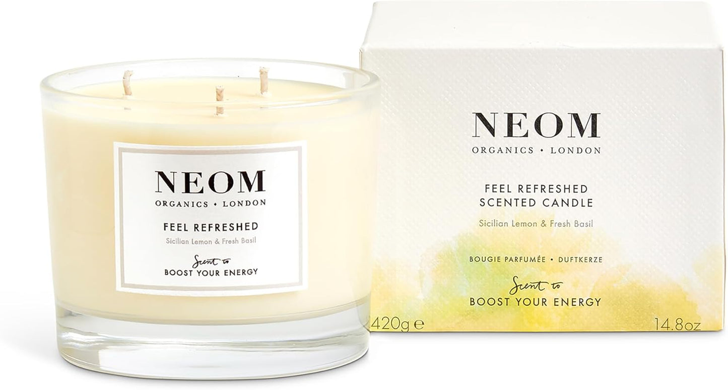 NEOM- Feel Refreshed Scented Candle, 3 Wick, Lemon & Basil, New but open, scruffy box