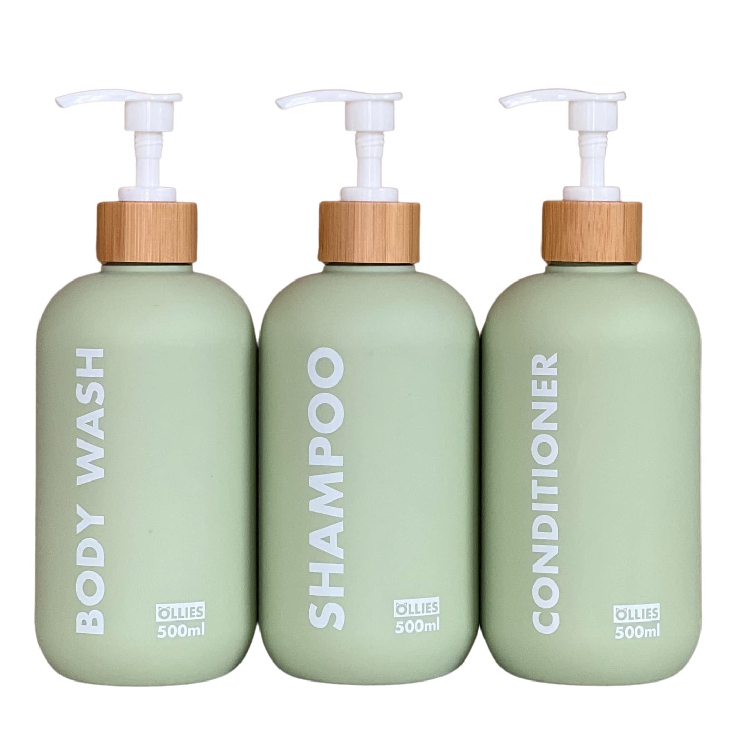 OLLIES Shampoo and Conditioner Dispenser, Shower Soap Dispenser for Bathroom-Set of 3 with Permanent Stylish Label-17oz, 500ml Refillable Shampoo and