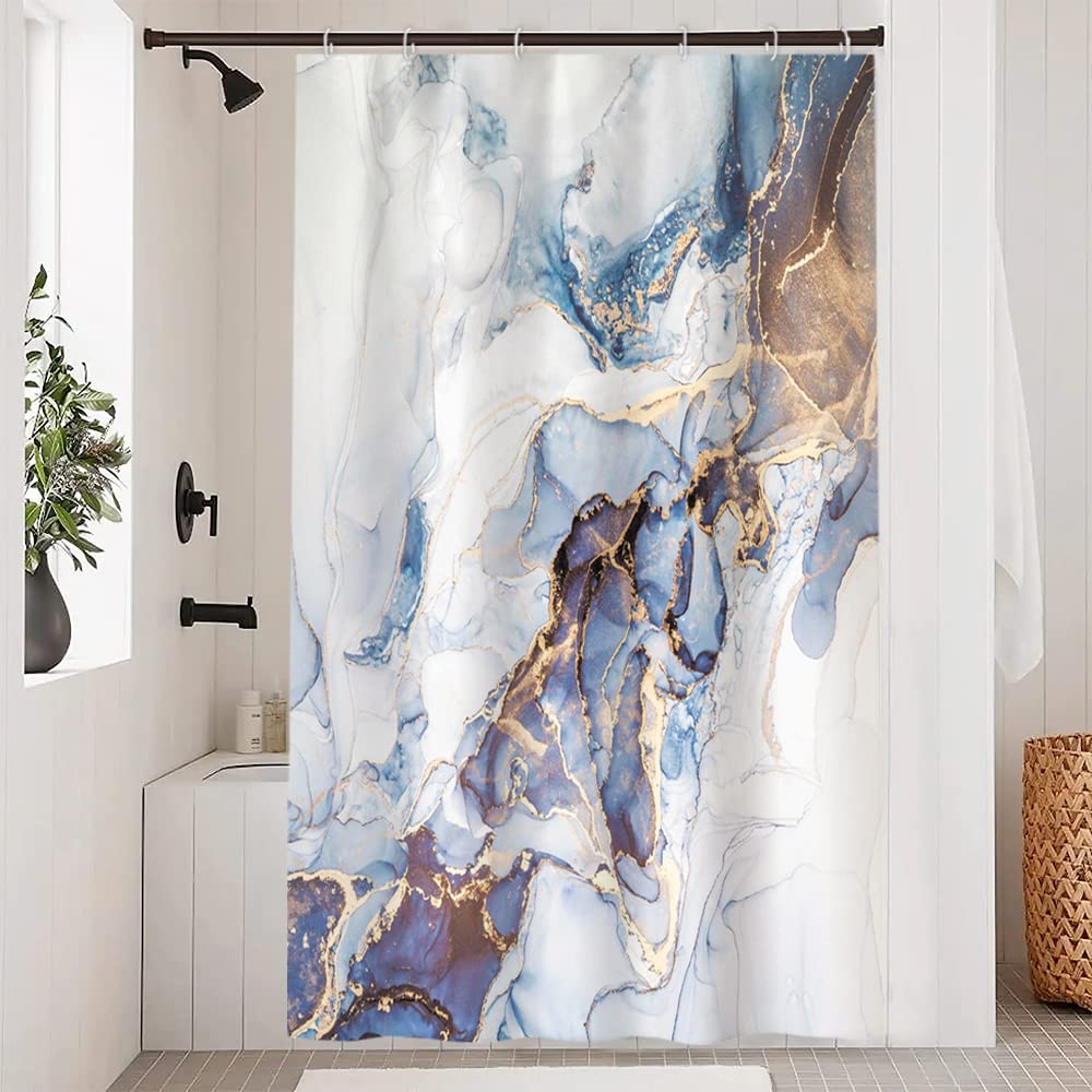 Uiiooazy Blue Marble Shower Curtain, Dark Blue Yellow Effect Bath Curtain Mildew and Mould Resistant Waterproof Polyester Fabric Washable Opaque
