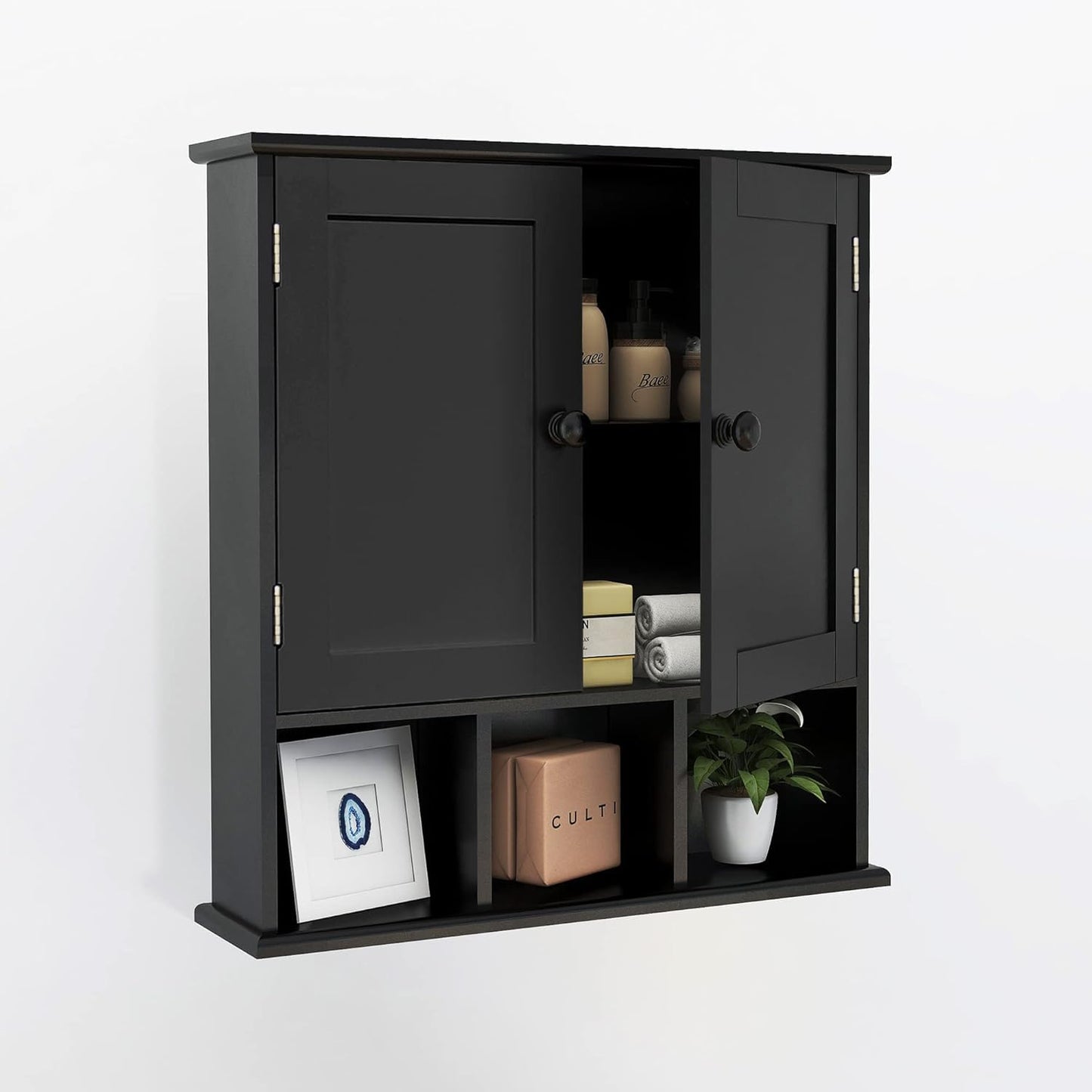 Wall Cupboard, Bathroom Cabinet, Hanging Medicine Cabinet, Medicine Cabinet, Two-Door Wooden Bathroom Cabinet with Adjustable Shelves and Open