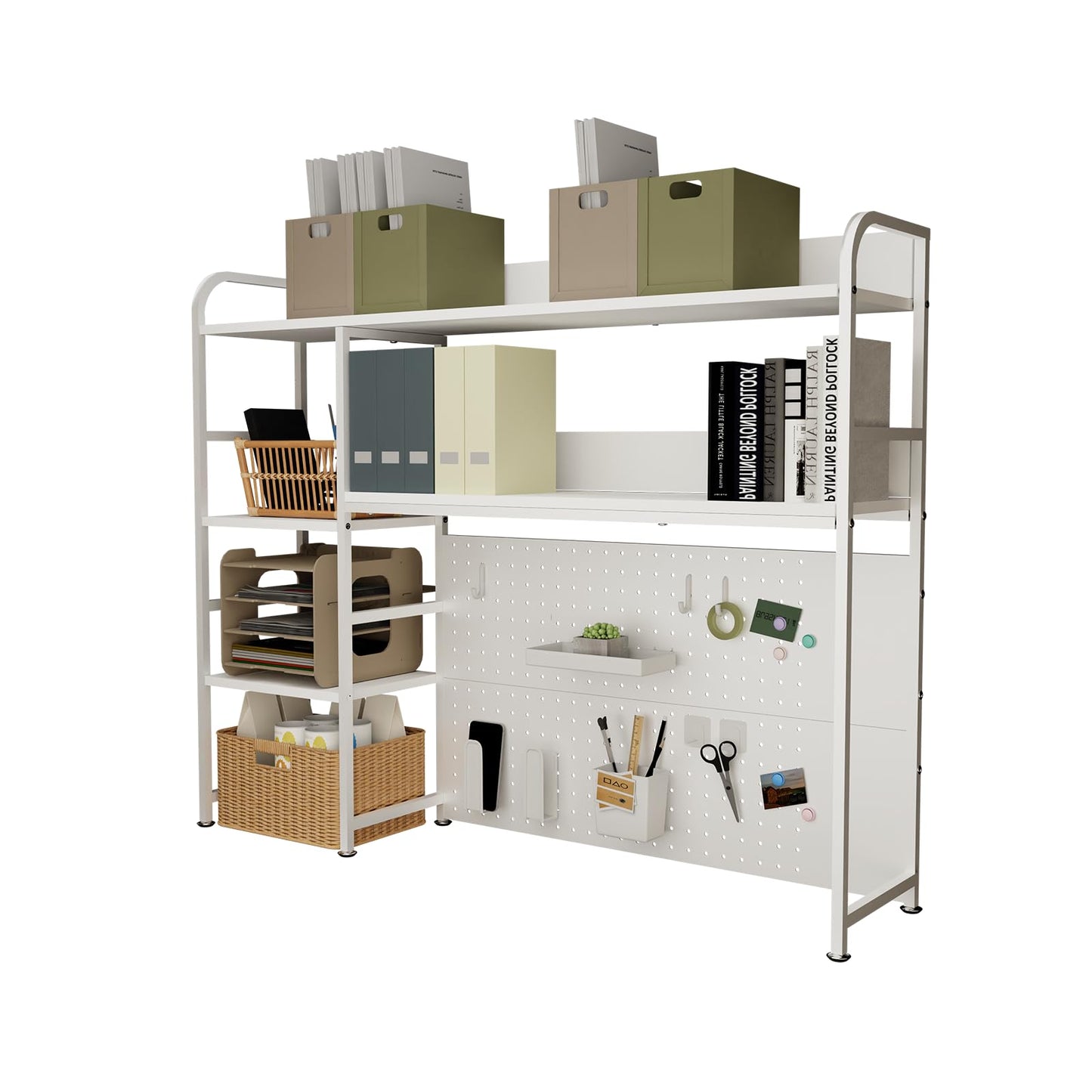 Boltmol 2-Tier Desk Shelf with storage rack,White 110CM, Desktop Organizer With Pegboard, Countertop Storage Bookcase For Home, Office Or Dorm