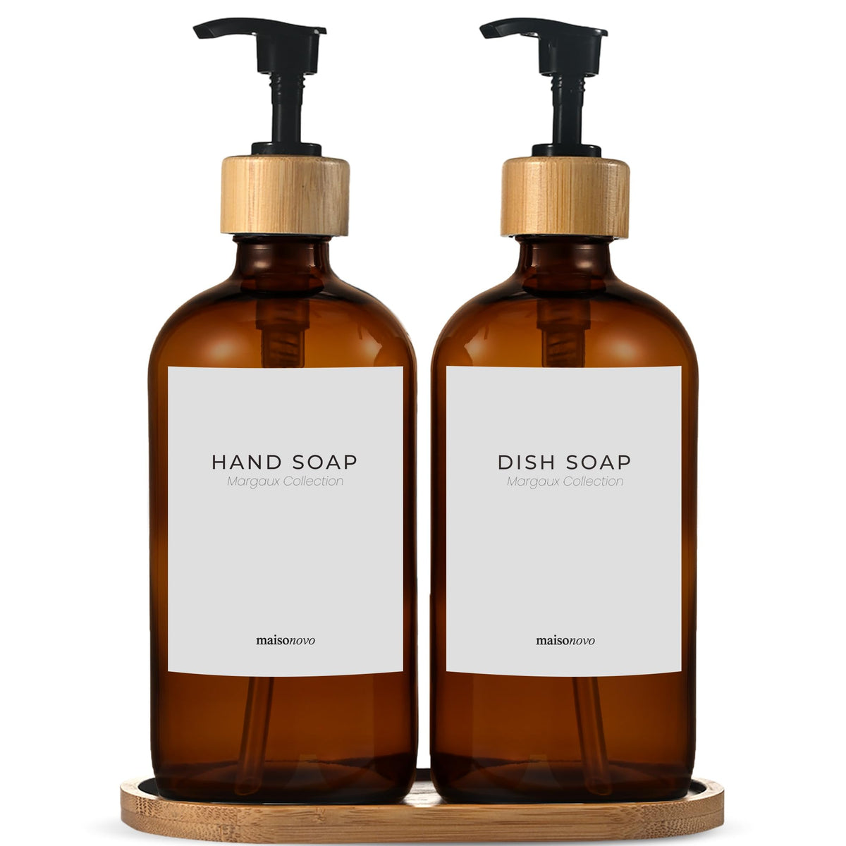 MaisoNovo Hand and Dish Soap Dispenser Kitchen Set of 2-500 ml Amber Glass Soap Dispenser Bottle with Pump Black Bamboo x 2