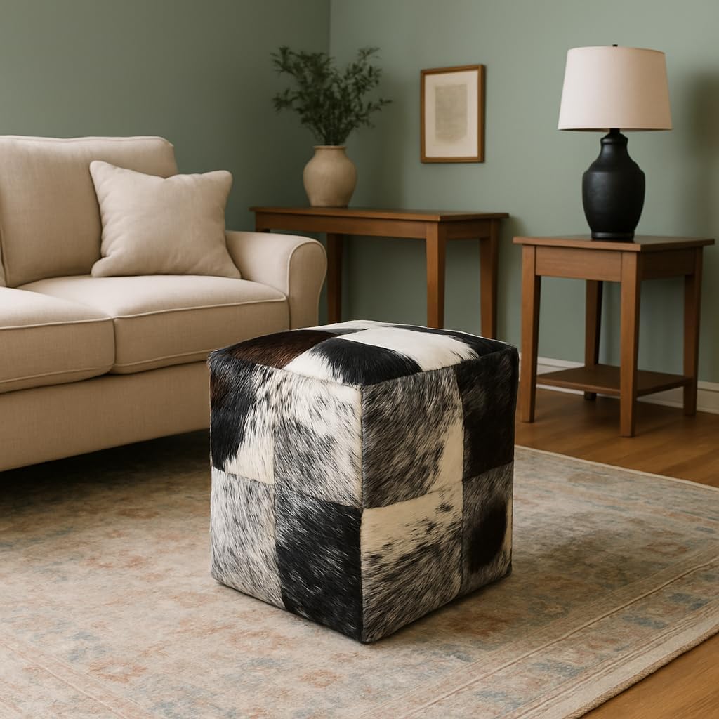 Heaven Hush Unstuffed Pouffe Cover Ottoman Handmade Hair-on Leather Pouf Cover only Genuine Cowhide Square Footrest Footstool Seat for Balcony Office