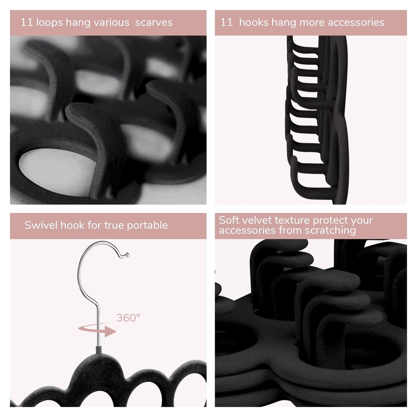 ManGotree Velvet Scarf Storage Hangers with 11 Loops and Hooks 2 Pack Black