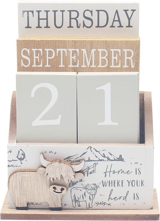 Lesser & Pavey Cute Highland Cow Perpetual Wooden Adjustable Day and Month Tabletop Calendar - Reuse Every Year