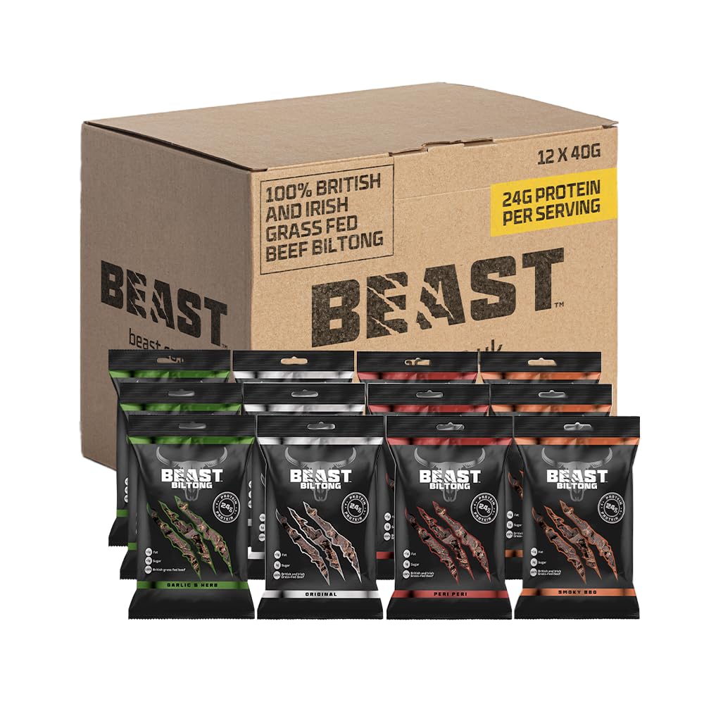 Beast Pharm | Biltong Beef Protein Snacks 12 Pack, 24g Protein per 40g Bag, Meat Keto Snacks Food | 4 Assorted Flavours