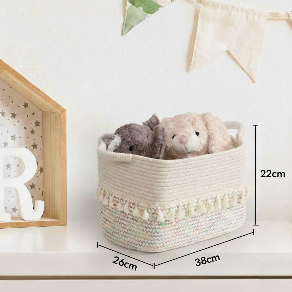 danpinera Storage Baskets 38x25x22cm – Woven Storage Basket with Tassels, Toy Basket with Handle, Rope Organizer for Living Room, Bathroom Baskets