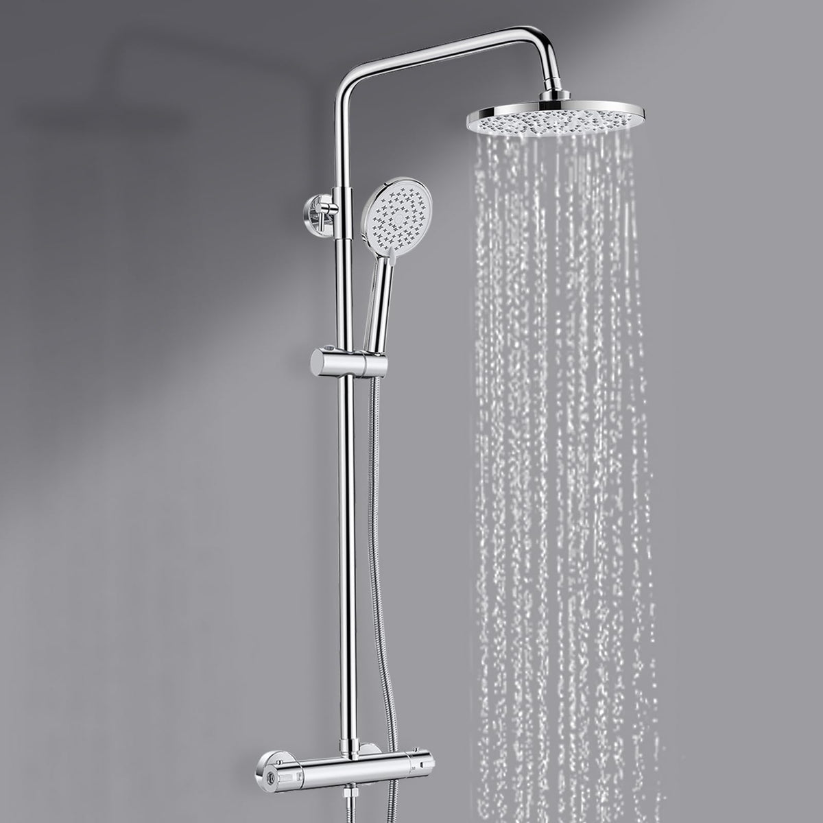 Thermostatic Shower Mixer Set, Bevankly Round Shower System, Thermostatic Shower Bar Set with Rainfall Shower, 3 Jet HandheldShower, Adjustable Height