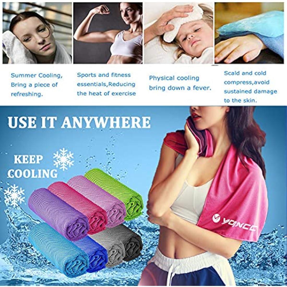 YQXCC 8 Pcs Cooling Towel (120x30 cm) Cool Cold Microfibre Ice Towel for Neck, Yoga, Golf, Gym, Camping, Running, Workout & More Activities