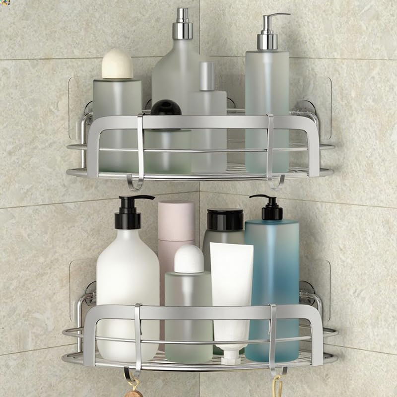 STEUGO 2 Pack Shower Caddy Corner, Bathroom Corner Shelfs, Adhesive Wall Mounted Shower Caddy with 4 Movable Hooks, No Drilling Shower Shelf,