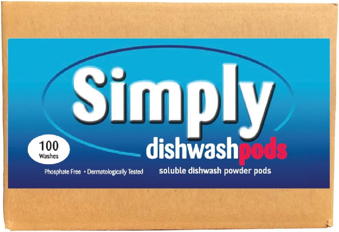 Simply Dishwash Multi Pack of Dishwash powder pods, box has been opened and some pods are broken, less pods than 100 but still plenty left
