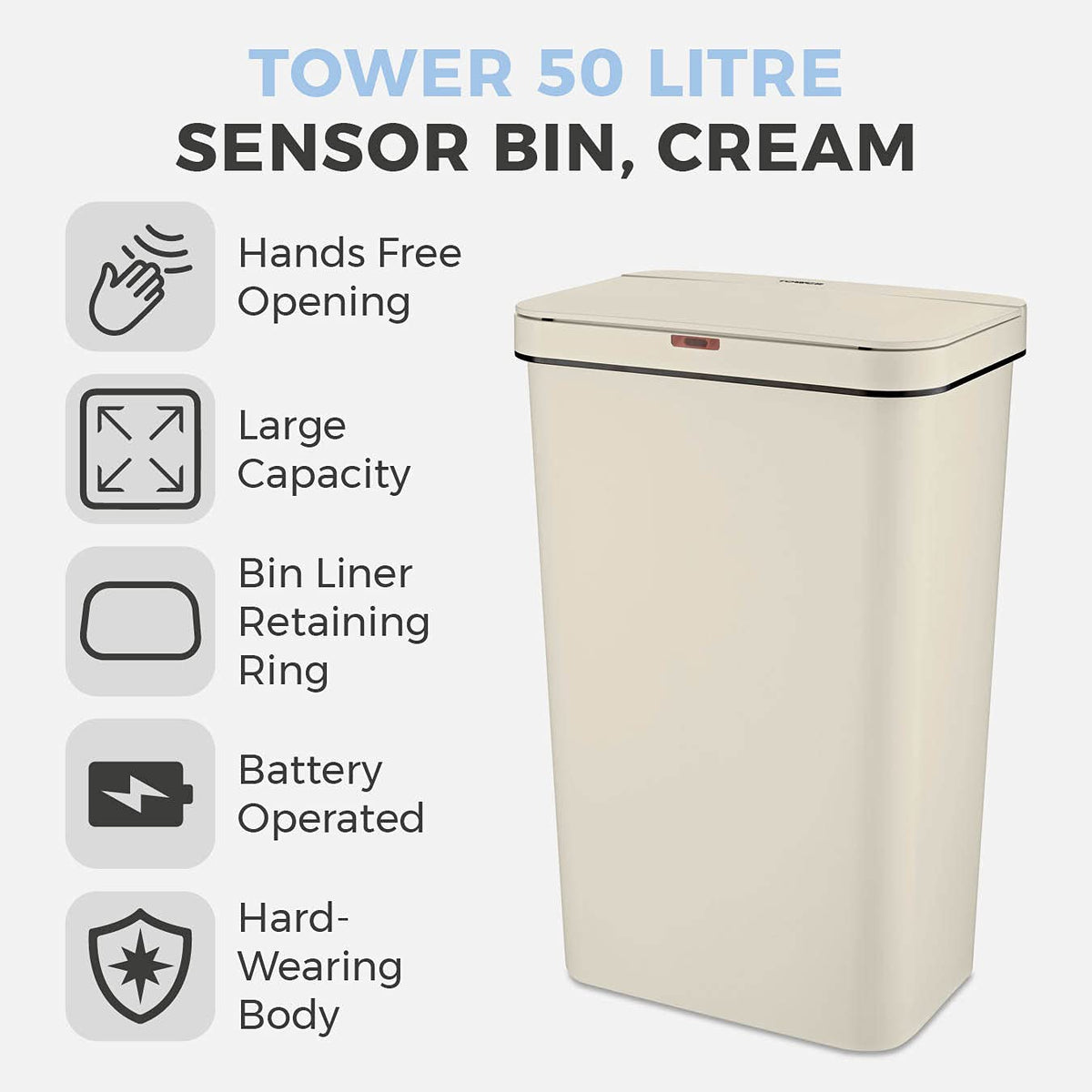 Tower T838005C Sensor Bin with Retainer Ring, Battery-Operated, 50L, Cream