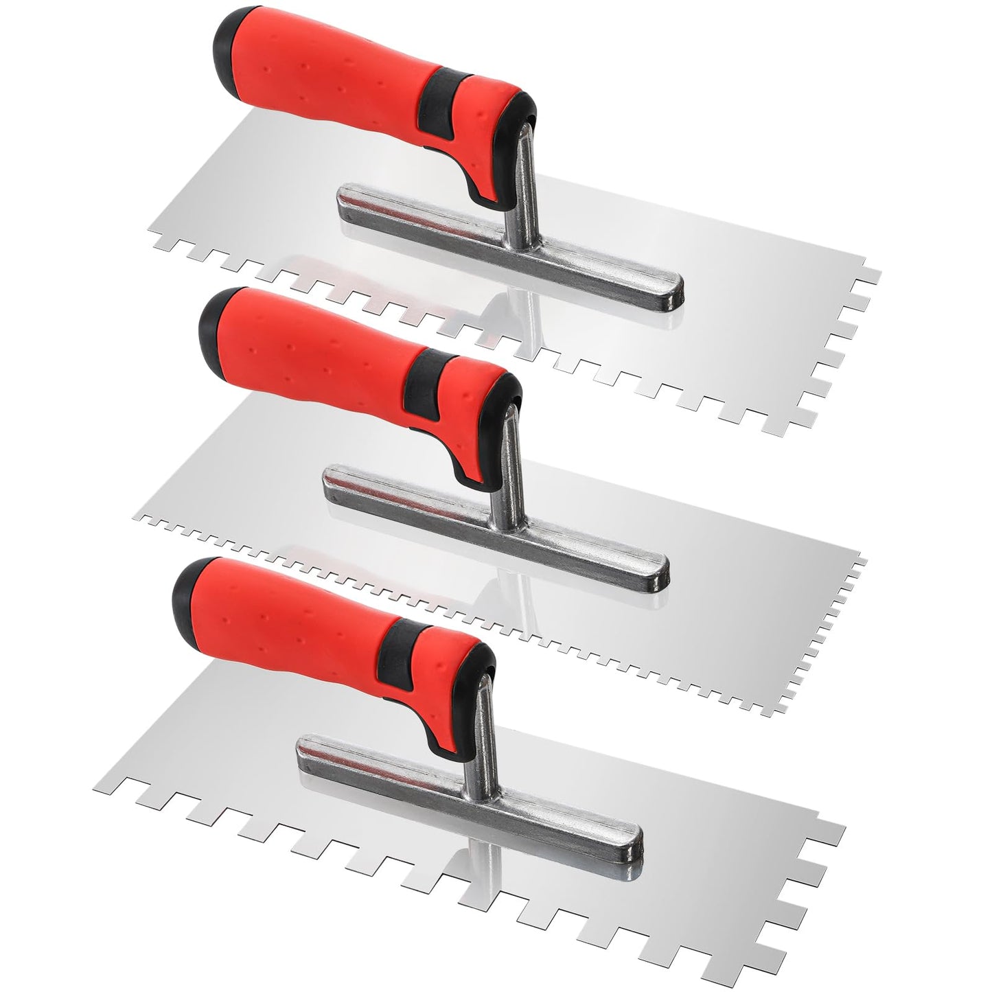 Peohud 3 Pcs Notched Tiling Trowel, Stainless Steel Square Notched Trowel, Flat Finishing Concrete Trowel for Tile Cement Drywall Plastering Wall