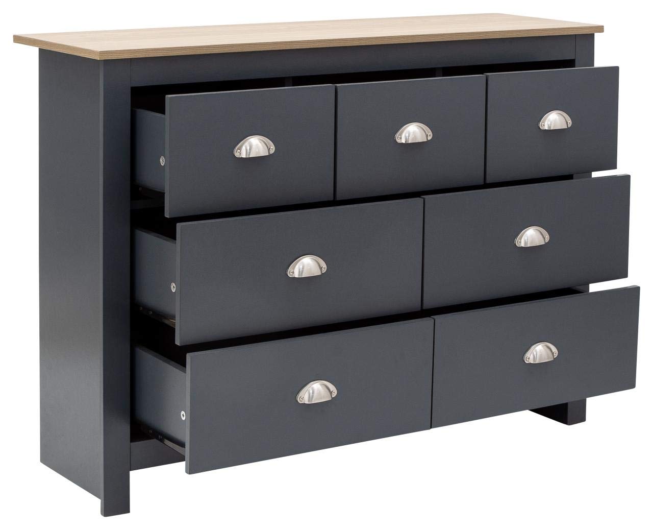 GFW Lancaster Slate Blue and Oak 7 Drawer Merchant Chest of Drawers, Country Style Bedroom Storage Unit with Oak Effect Top