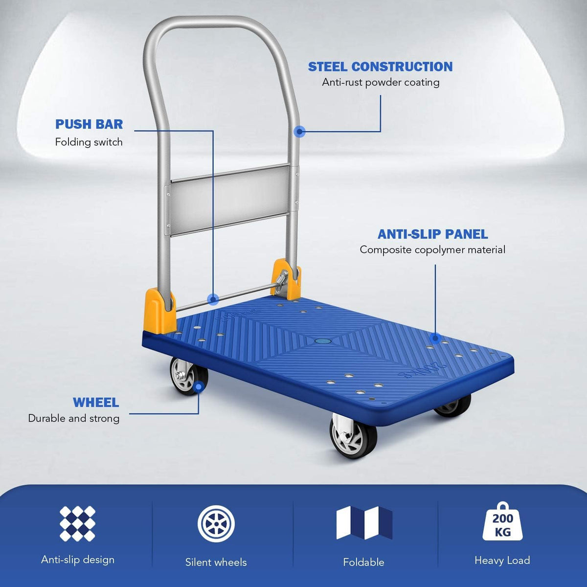 YSSOA Platform Truck with 880lb(400kg) Weight Capacity and 360 Degree Swivel Wheels, Foldable Push Hand Cart for Loading and Storage, Blue
