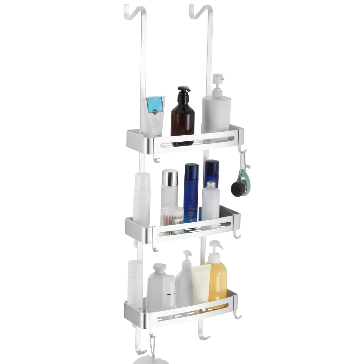 MOGFCT Bathroom Shower Caddy Over The Door Hanging Shower Organizer Storage Aluminum Shower Shelf Rust Proof Bathroom Shelves Basket Rack with Hook